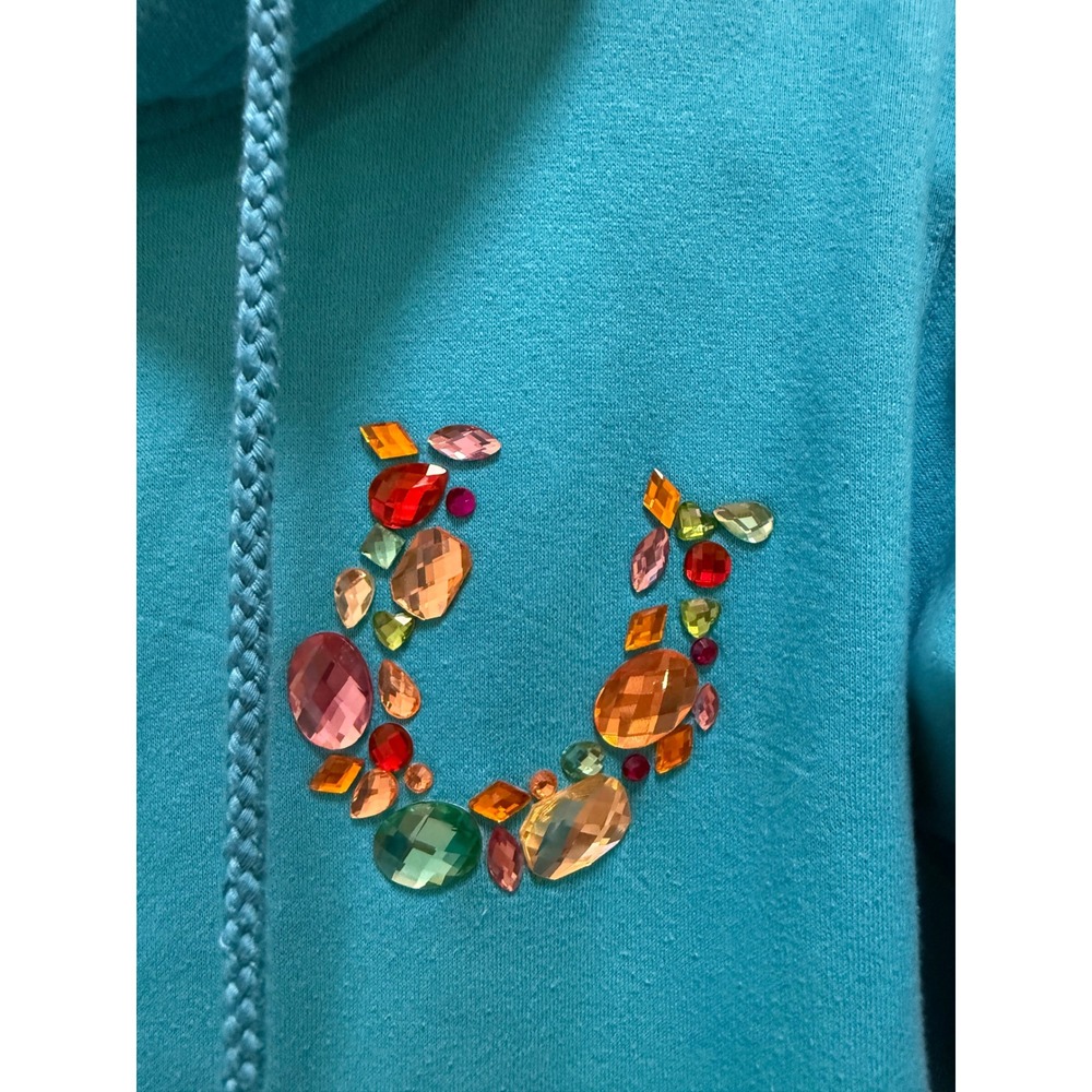 Cowgirl Hardware Turquoise Rhinestone Horseshoe Satin Lined Zip Hoodie Medium - Picture 4 of 9